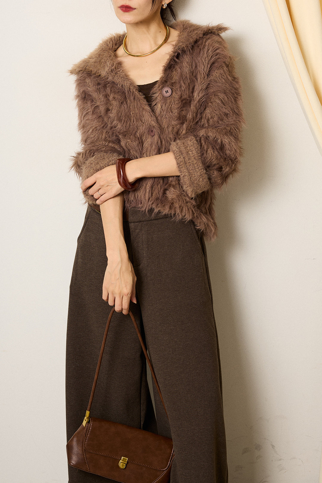 [SET]襟付きシャギーニットカーディガン+サイドベルトパンツ(2set)