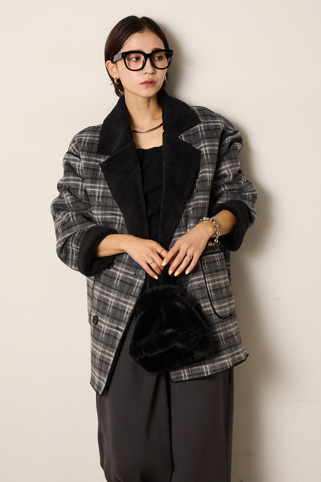 [SET]裏地ボアタータンチェック柄ミディアムコート+裏起毛スウェットワイドパンツ(2set)