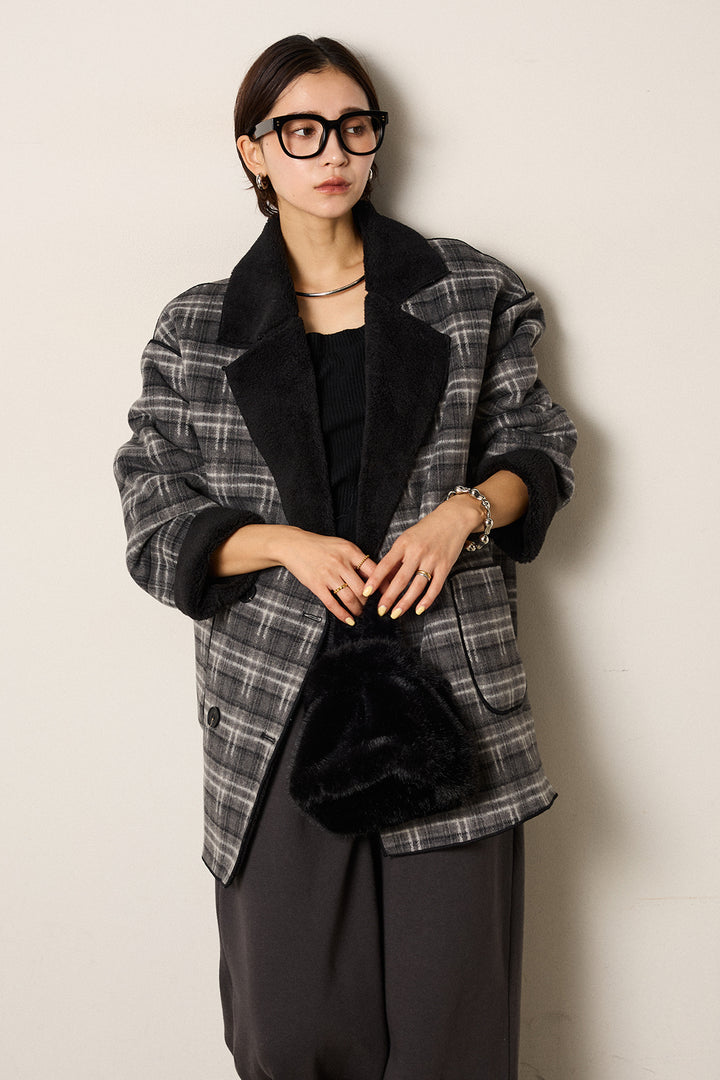 [SET]裏地ボアタータンチェック柄ミディアムコート+裏起毛スウェットワイドパンツ(2set)