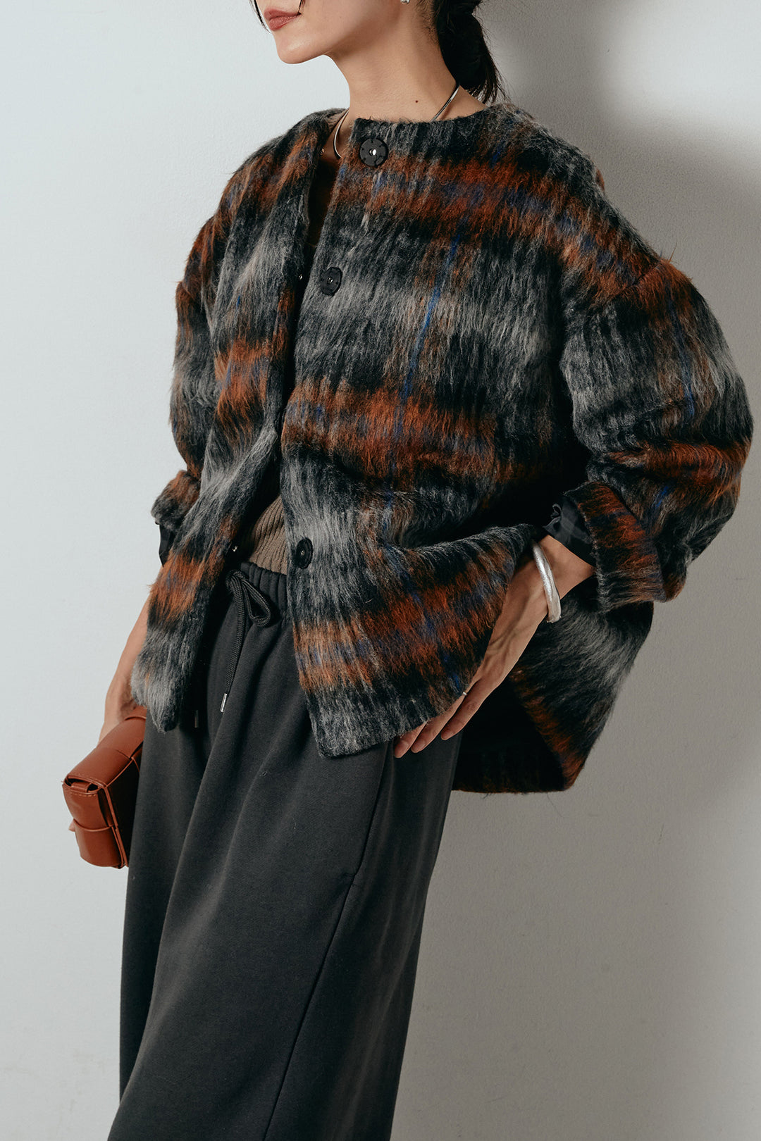 [SET]ノーカラーシャギーチェックアウター+裏起毛スウェットワイドパンツ(2set)