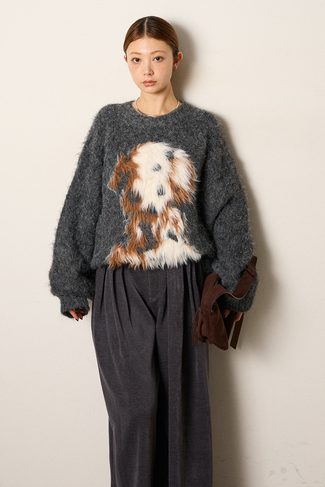 [SET]シャギーニュアンスアニマルニット+ベルトループコーデュロイワイドパンツ(2set)