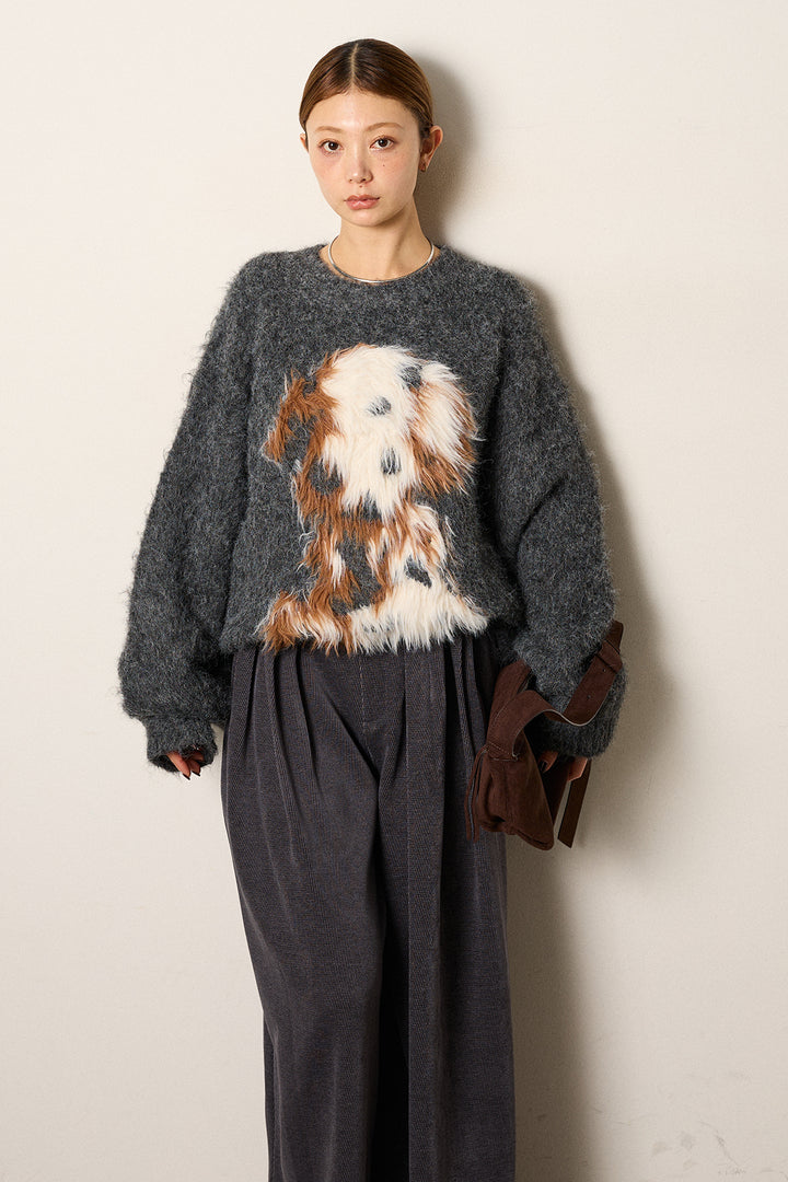 [SET]シャギーニュアンスアニマルニット+ベルトループコーデュロイワイドパンツ(2set)