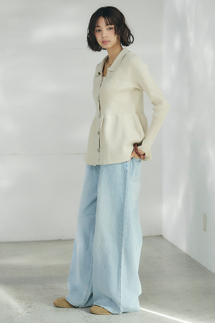 [SET]スキッパーペプラムニット+ウエスト裁ち切りデニムワイドパンツ(2set)