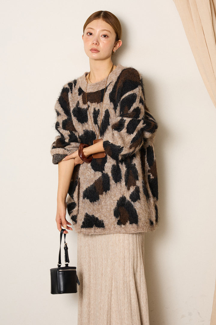 [SET]ルーズアニマルモヘアニットトップス+編み地切り替えフレアニットスカート(2set)