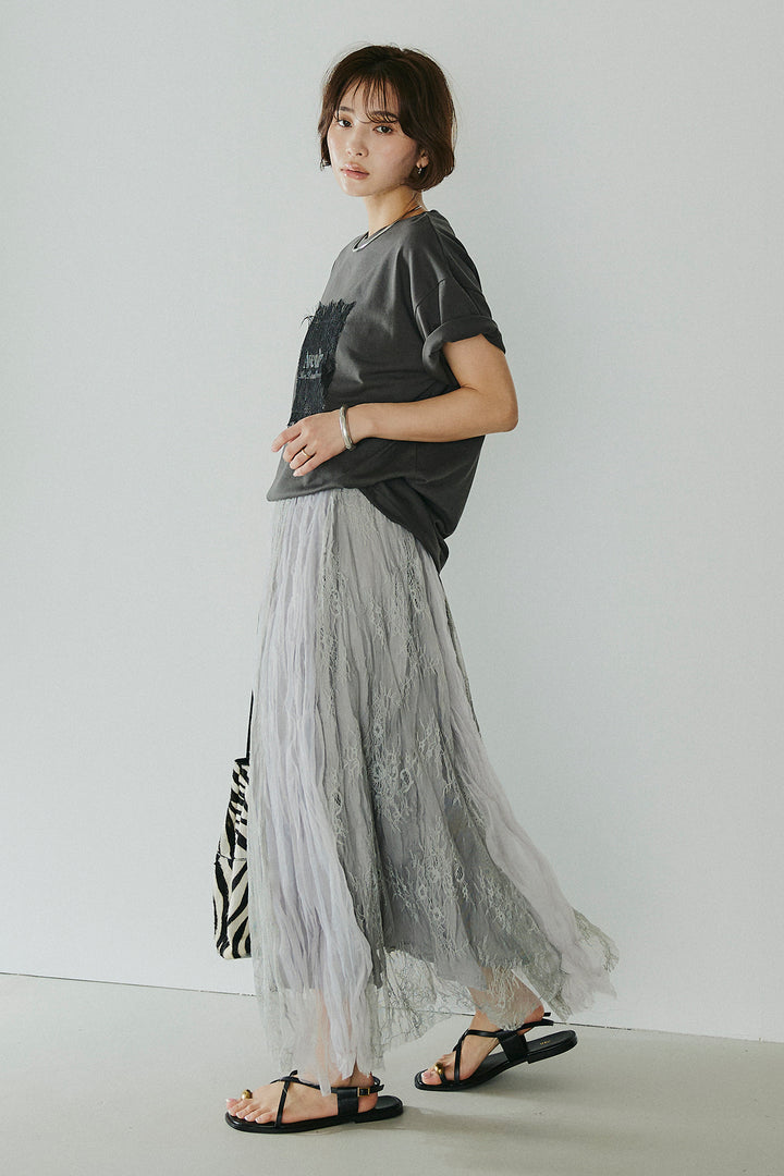[SET]レースロゴ刺繍Tシャツ+レースコンビワッシャーギャザースカート(2set)