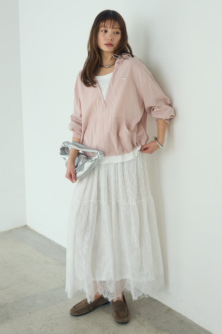 [SET]レイヤードデザインフーディートップス+ひげレース切替ロング丈スカート(2set)