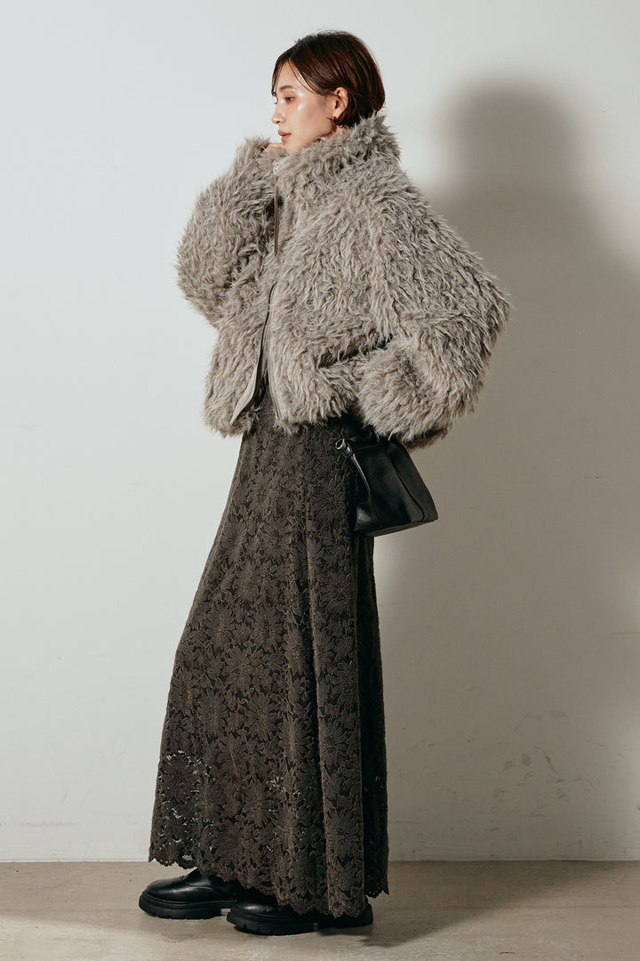 [SET]ミックスシープファースタンドブルゾン+花柄刺繍ベロアフレアスカート(2set)