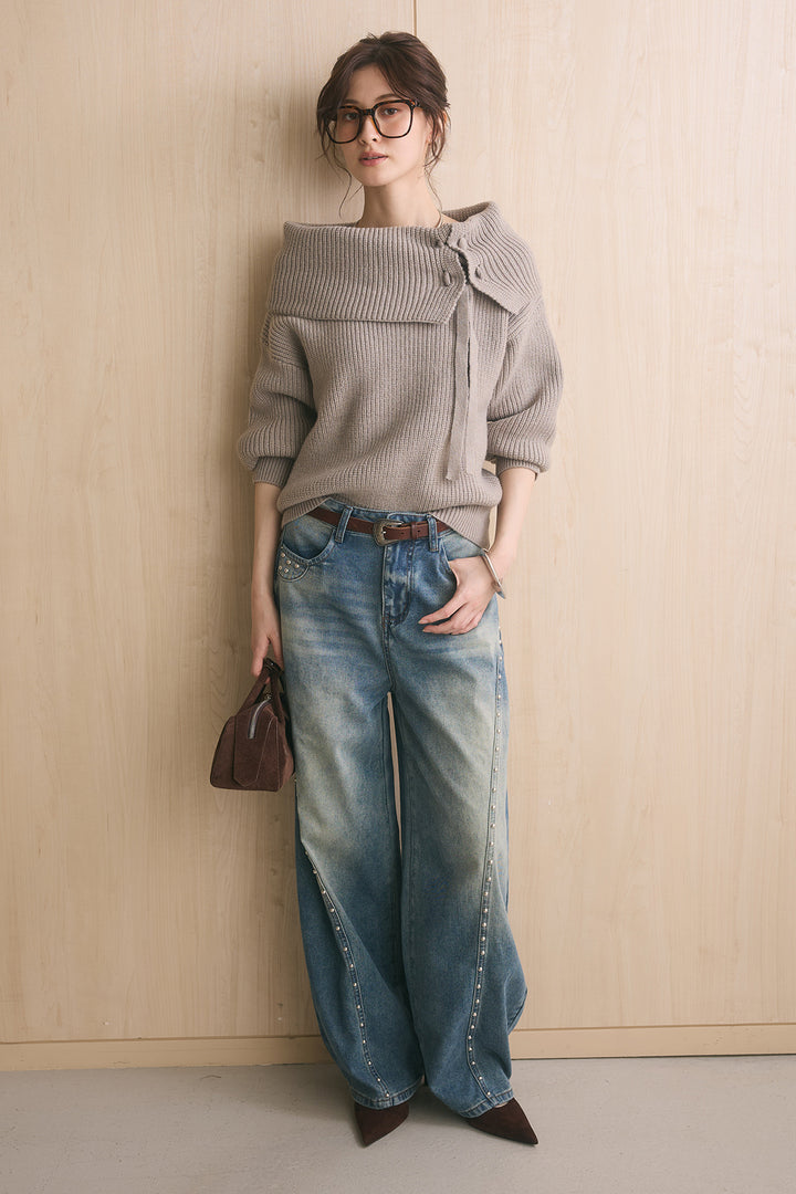 [SET]サイドリボンデザインオフショルニット+スタッズデザインカーブデニムワイドパンツ(2set)