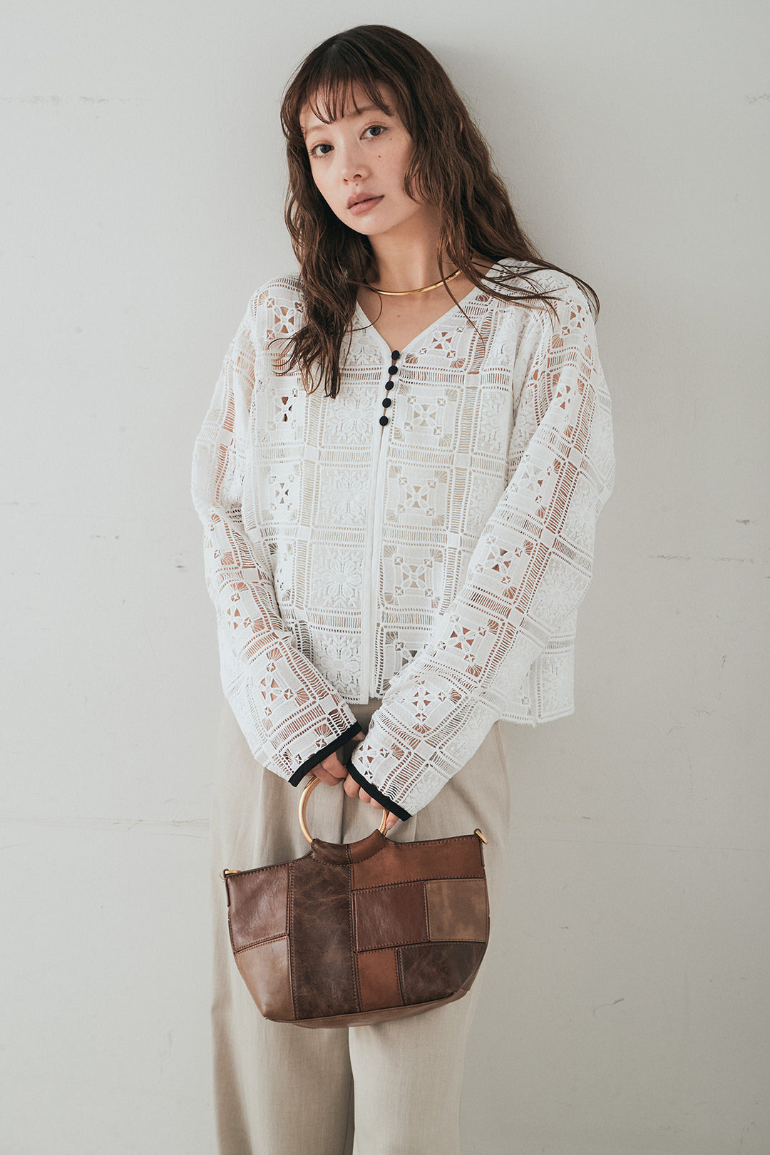 [SET]クロシェレースカーディガン+センタープレスセミワイドパンツ(2set)