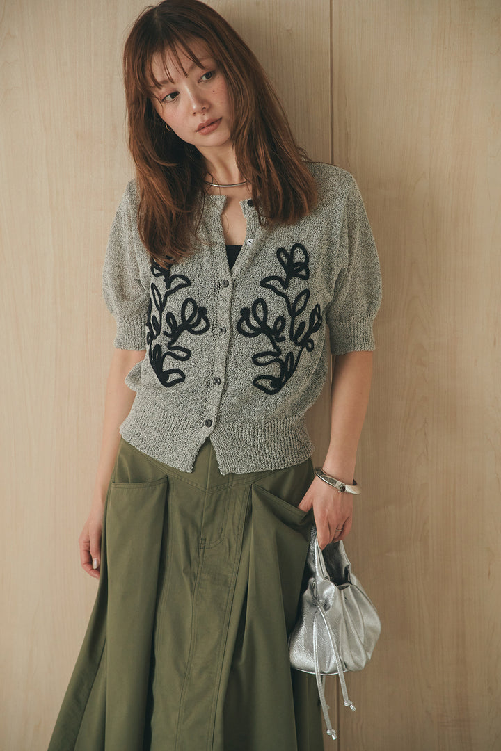 [SET]フロントテープデザイン半袖カーディガン+ミリタリーツイルタックフレアスカート(2set)