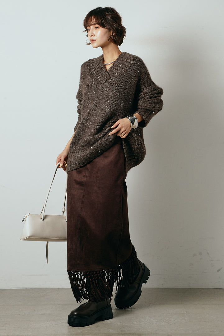 [SET]Vネックラメニットトップス+スウェードライク裾フリンジスカート(2set)