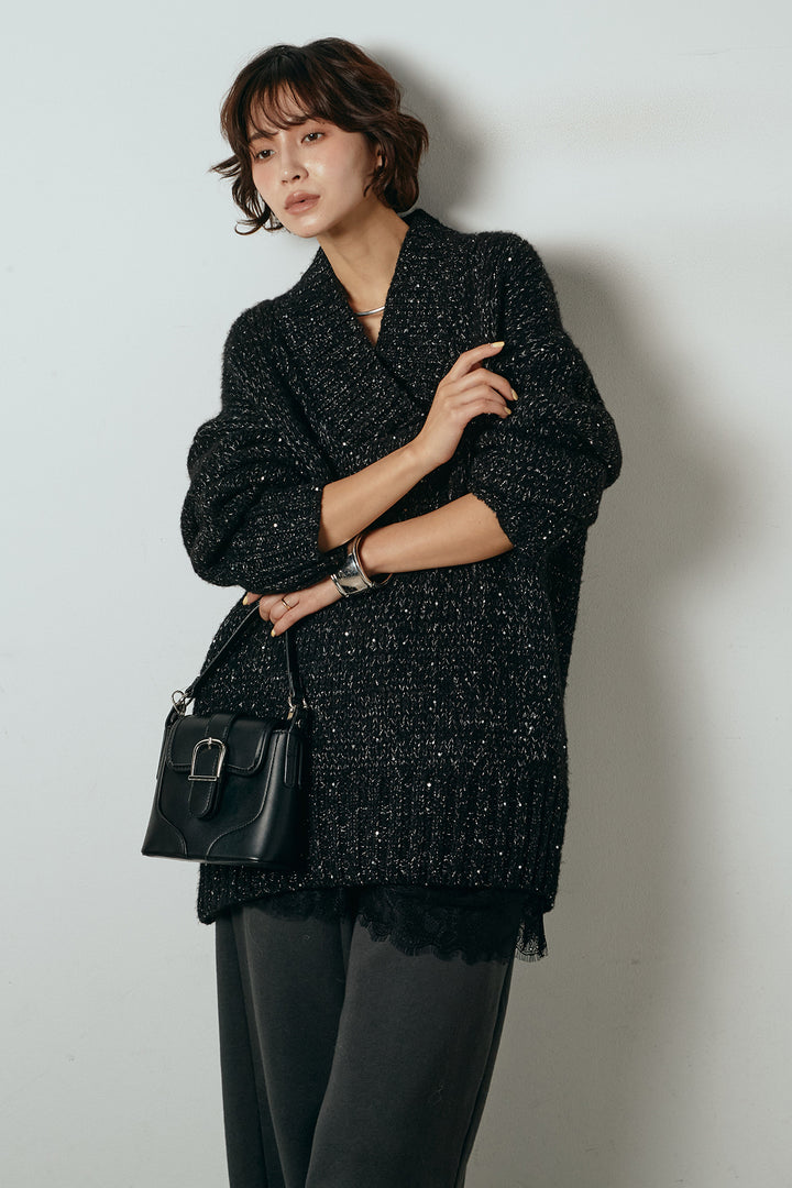 [SET]Vネックラメニットトップス+裏起毛スウェットワイドパンツ(2set)