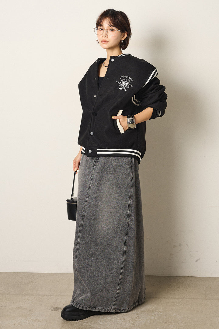 [SET]ワンポイントデザインブルゾン+デニムロングフレアスカート(2set)