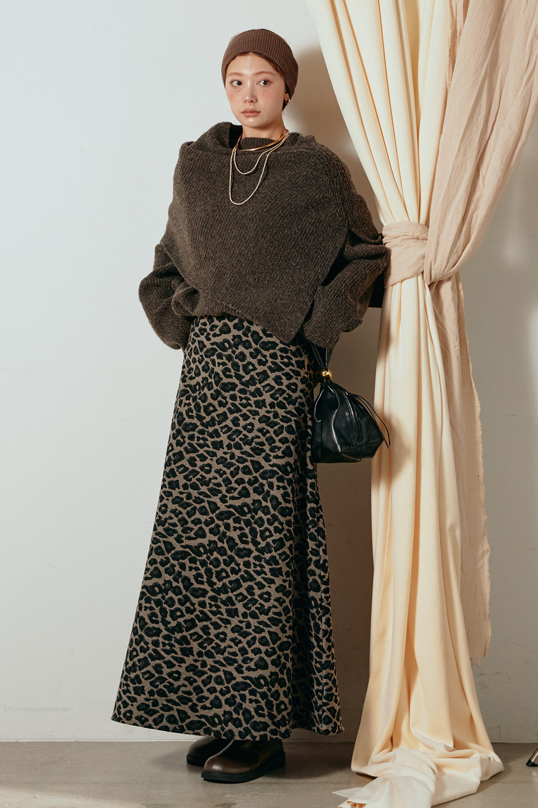 [SET]ケープデザインリブニットトップス+レオパードロングスカート(2set)