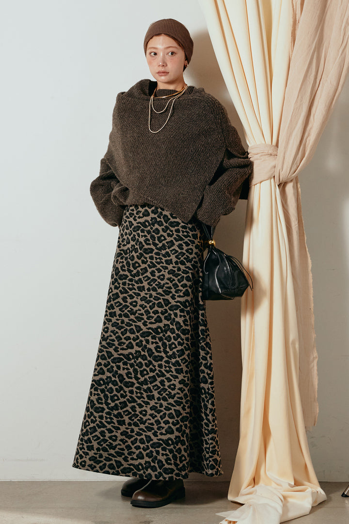 [SET]ケープデザインリブニットトップス+レオパードロングスカート(2set)