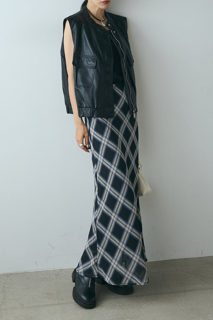 [SET]バンドカラーフェイクレザーベスト+マルチ柄シアースカート(2set)