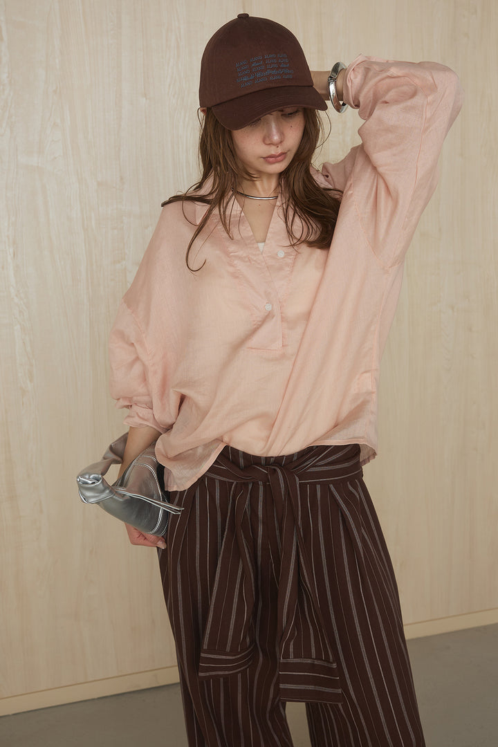 [SET]襟付きボタンブラウス+ウエスト巻きピンストライプパンツ(2set)