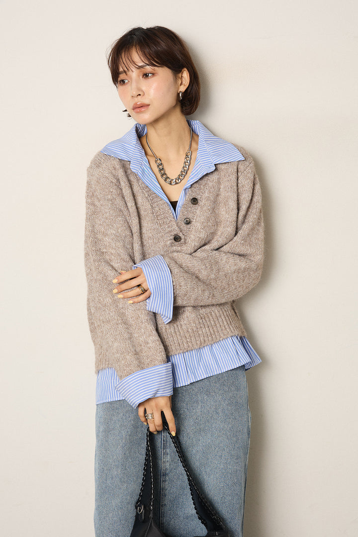 [SET]ストライプシャツドッキングニットポロトップス+デニムロングフレアスカート(2set)