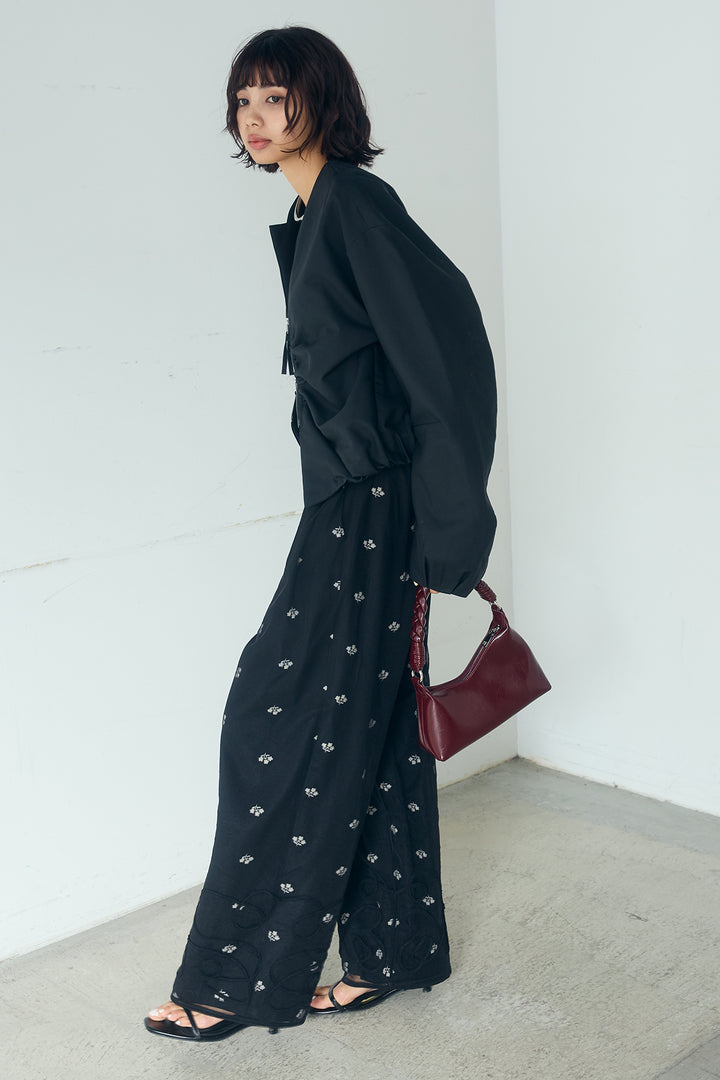 [SET]ニュアンスウェーブ刺繍シアーチュールパンツ+花柄刺繍ツイルタックパンツ(2set)