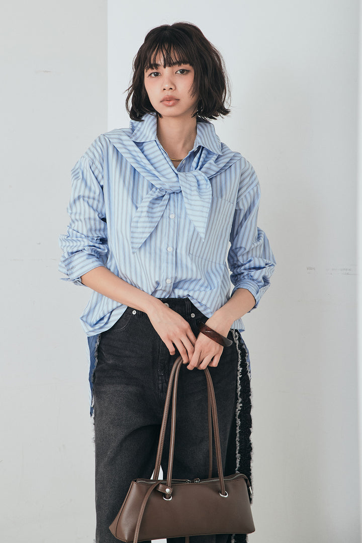 [SET]ランダムストライプスカーフ付きシャツ+デニムサイドフリルパンツ(2set)