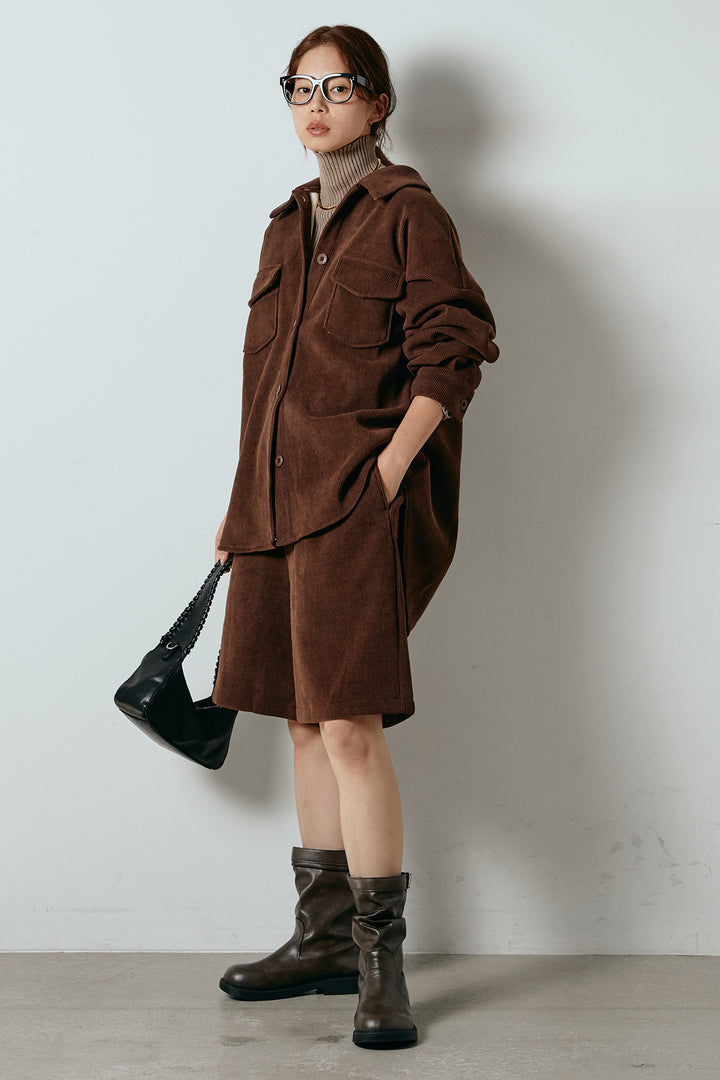 [SET]襟付きコーデュロイポケットシャツ+リブニットシームレスタートルプルオーバー+リラックスコーデュロイハーフパンツ(3set)