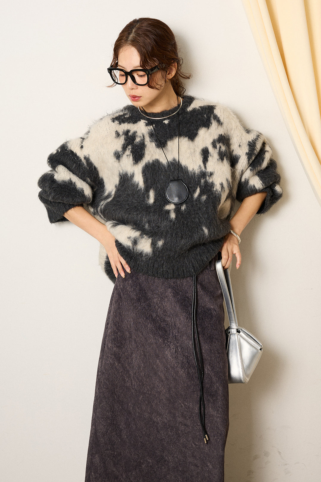 [SET]モヘアタッチマーブルニット+ロープベルト付きスウェード調スカート(2set)