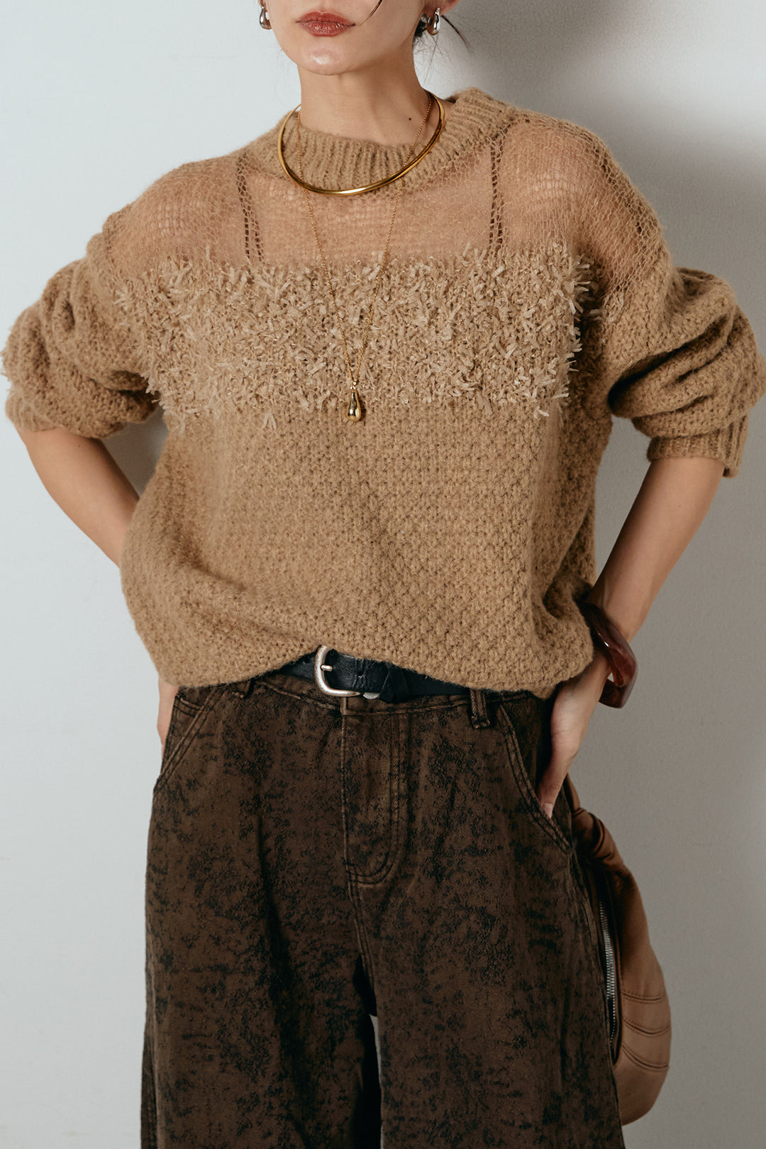 [SET]パターンランダム編みニットトップス+ベルト付きニュアンス柄カーブワイドパンツ(2set)