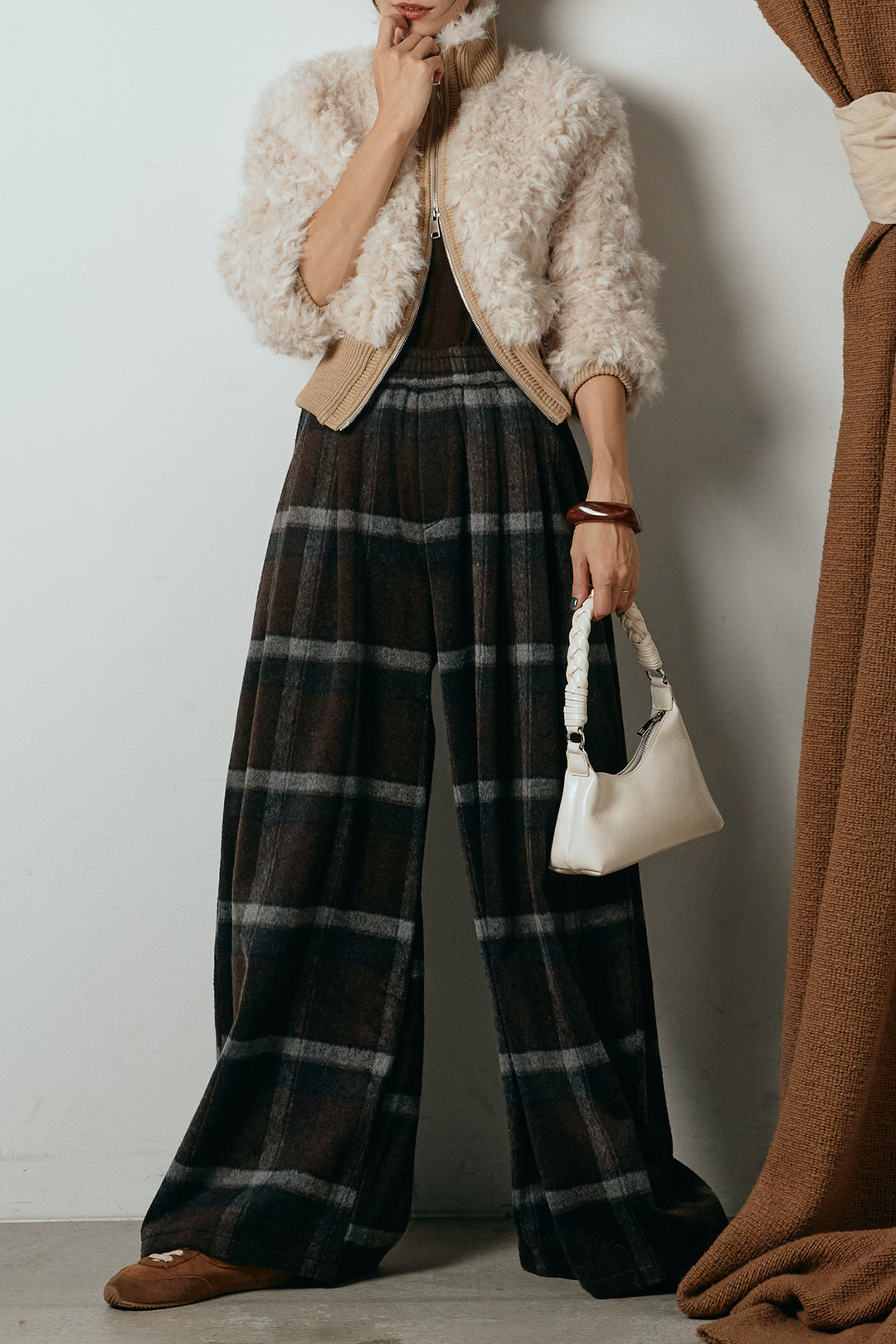 [SET]ハイネックショート丈ボアジップブルゾン+起毛タータンチェック柄ワイドパンツ(2set)
