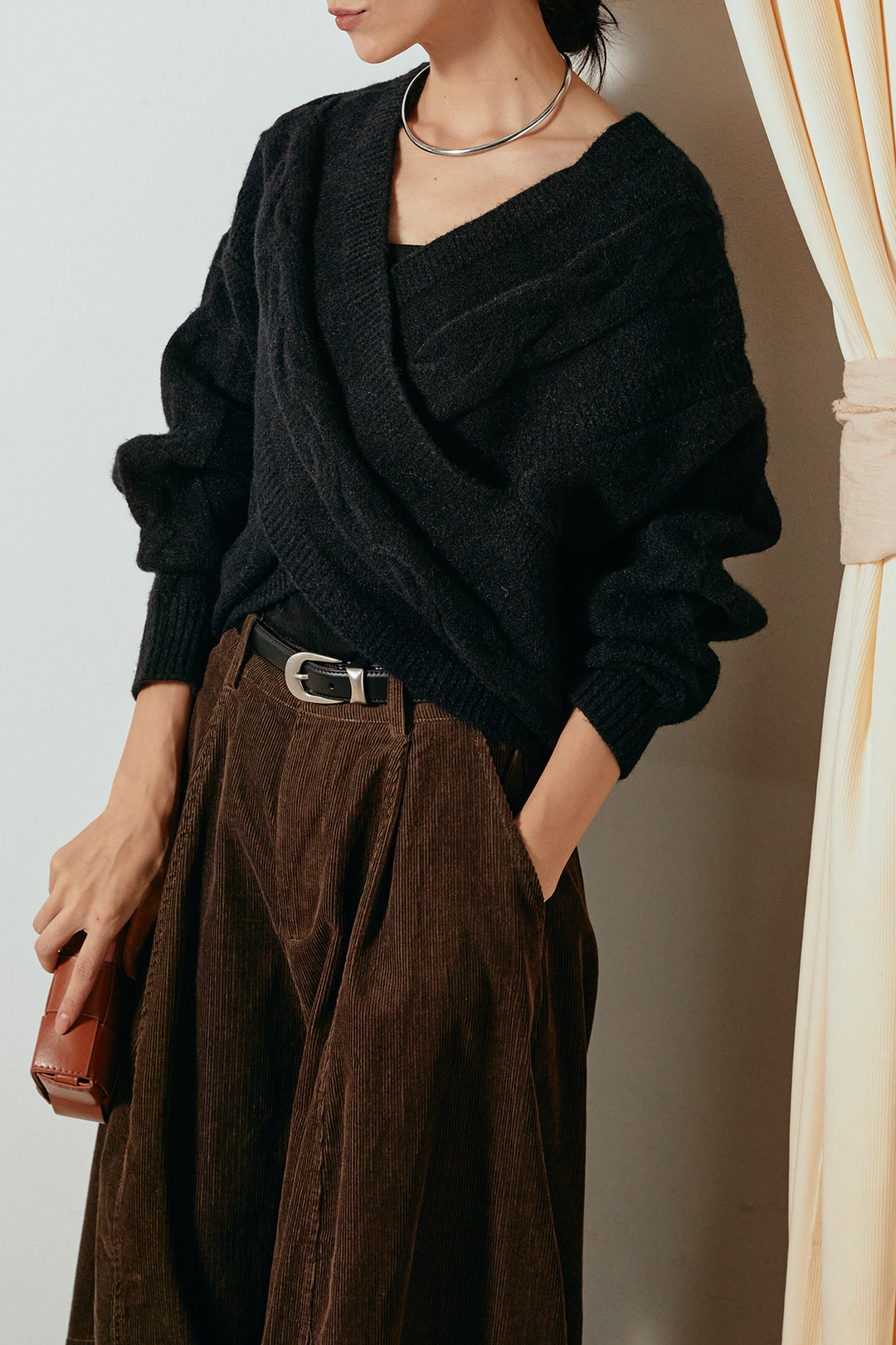 [SET]ケーブルカシュクールニットトップス+タック入りコーデュロイワイドパンツ(2set)