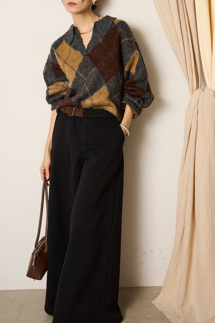 [SET]アクリルモヘアアーガイルキーネックプルオーバー+サイドベルトパンツ(2set)