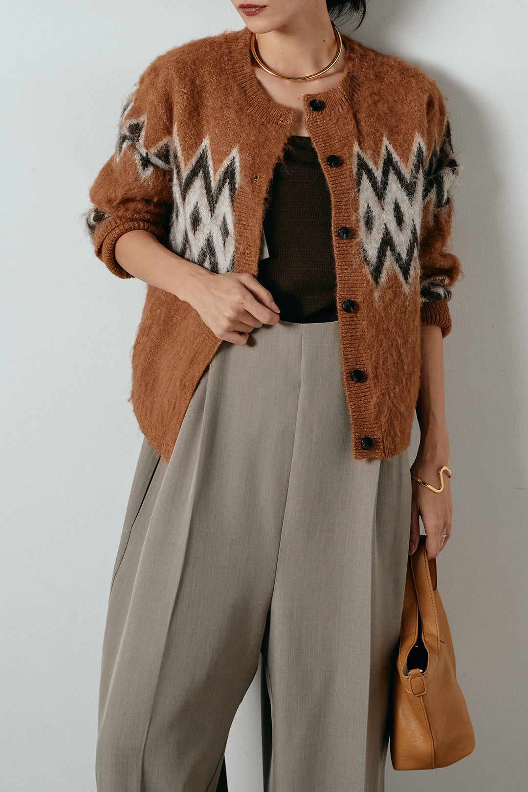 [SET]起毛ノルディック柄ニットカーディガン+ワイドツイルサロペット(2set)