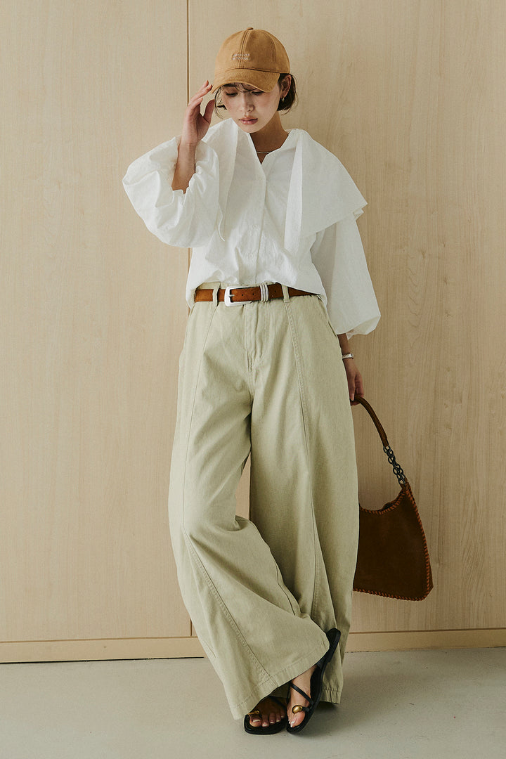 [SET]ケープカラーナイロンブラウス+サイドベルトカーブワイドパンツ(2set)