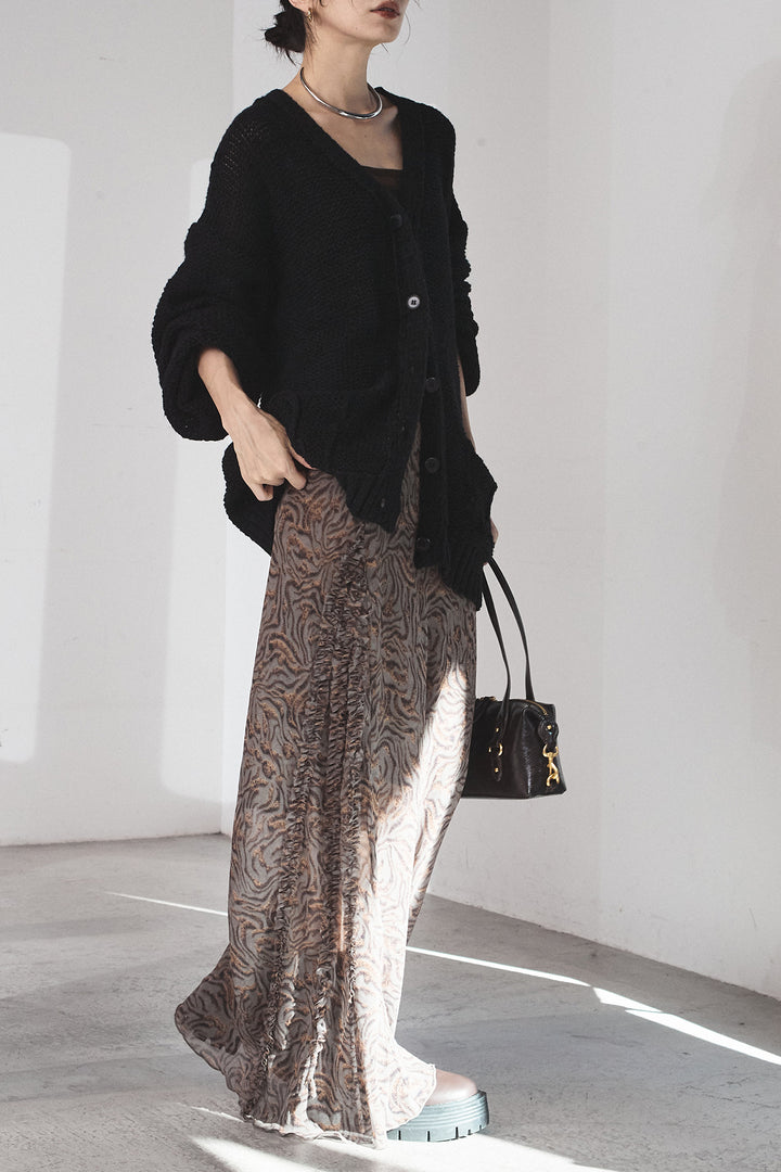 [SET]コード刺繍リラックスニットカーディガン+抽象柄ロングスカート(2set)