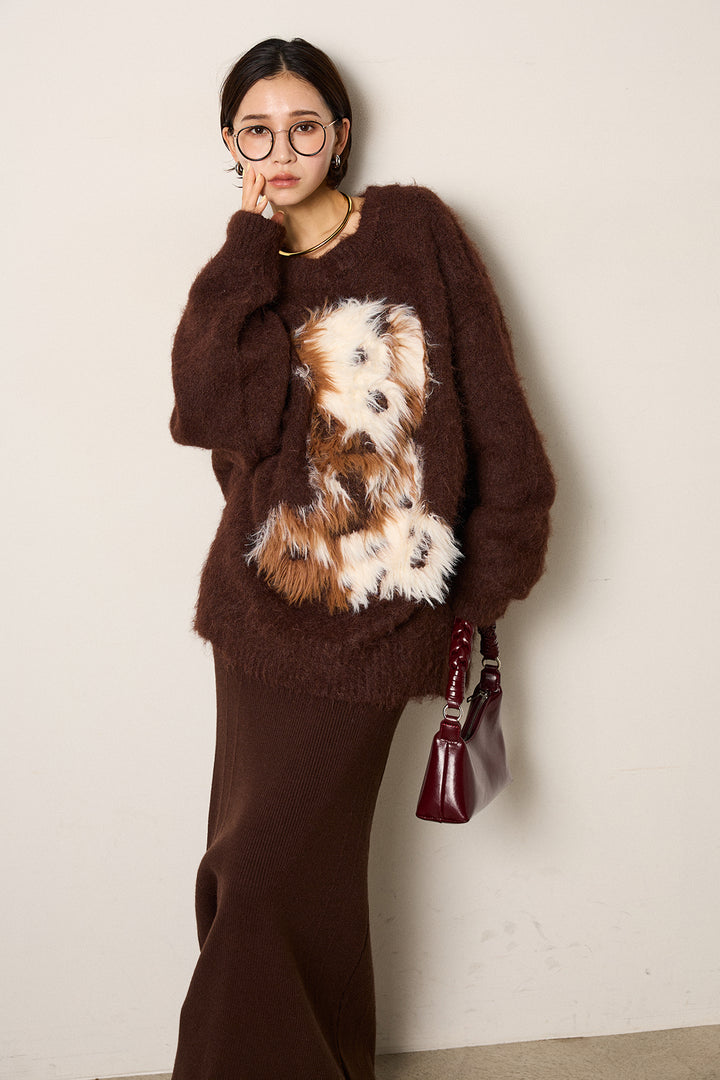 [SET]シャギーニュアンスアニマルニット+リブナローニットスカート(2set)