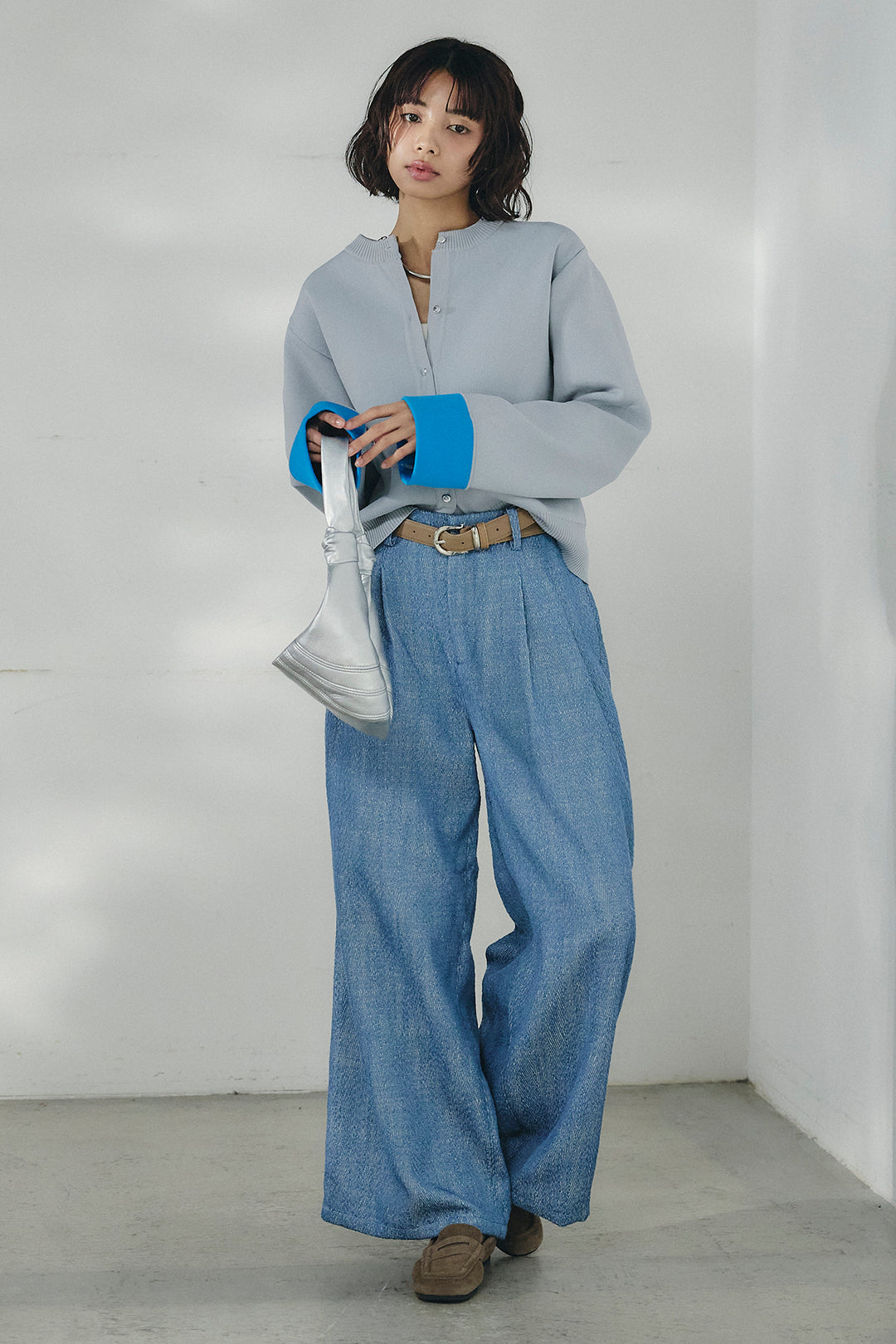 [SET]リバーシブル配色ニットカーディガン+デニムライクヘリンボーンタックパンツ(2set)