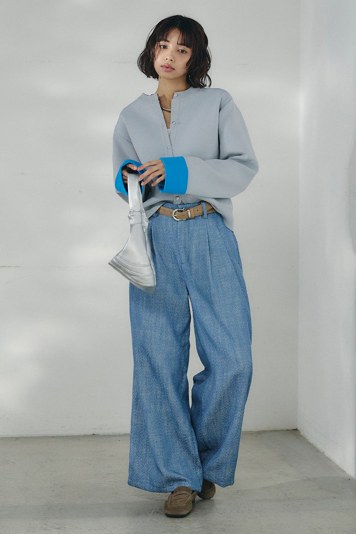 [SET]リバーシブル配色ニットカーディガン+デニムライクヘリンボーンタックパンツ(2set)