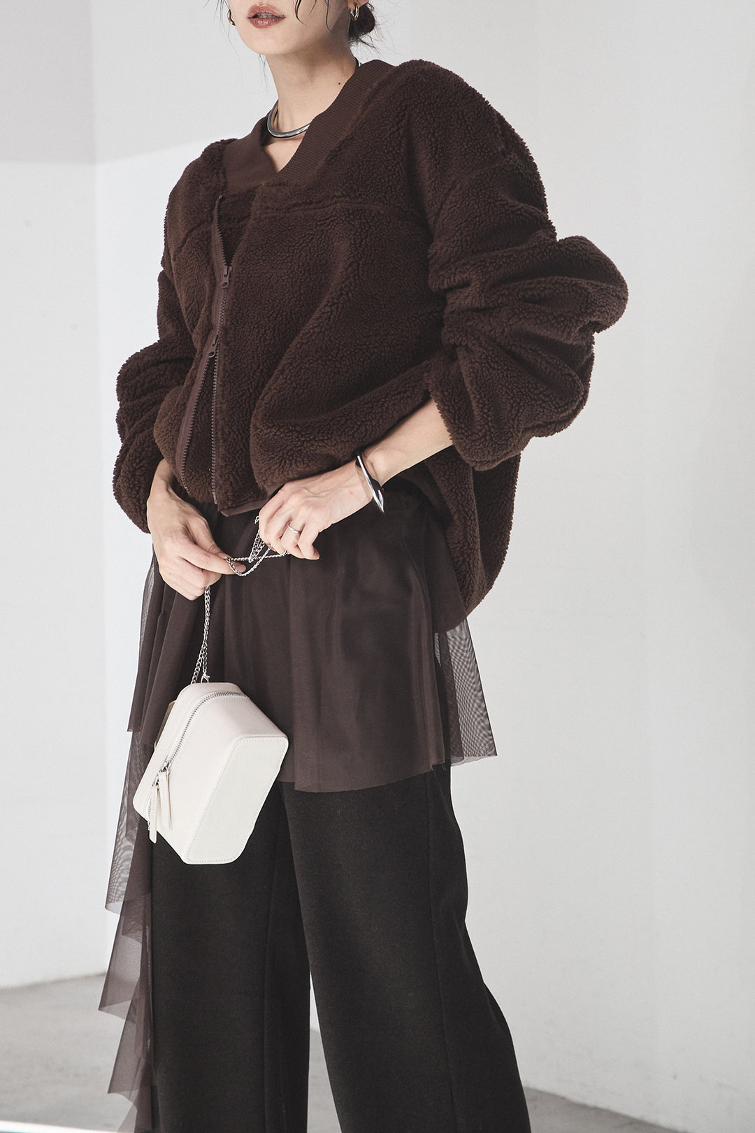 [SET]ノーカラーリブボアアウター+チュールレイヤードニットパンツ(2set)