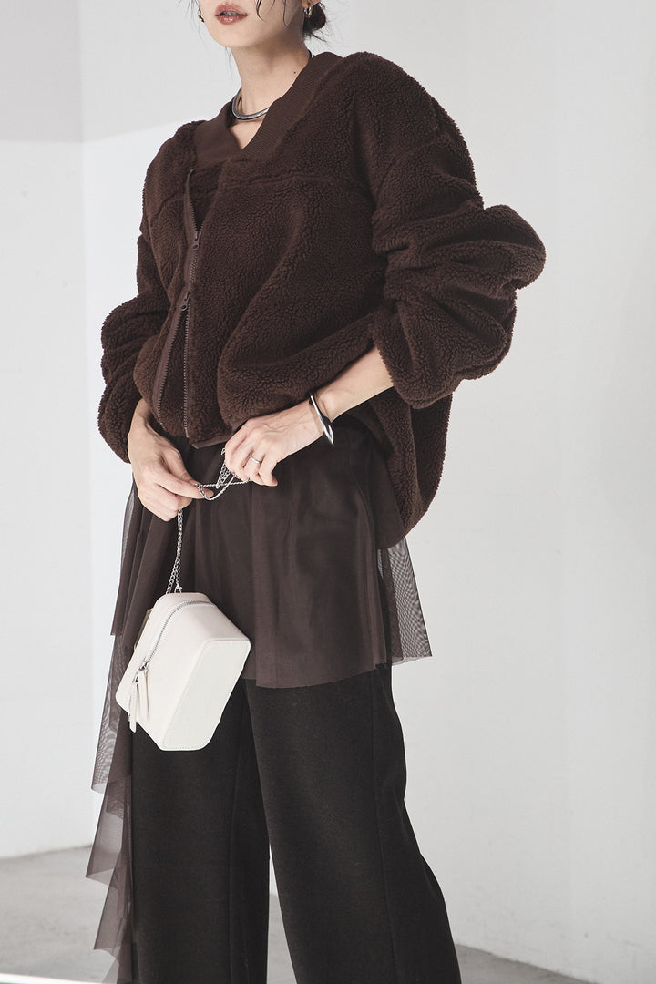 [SET]ノーカラーリブボアアウター+チュールレイヤードニットパンツ(2set)