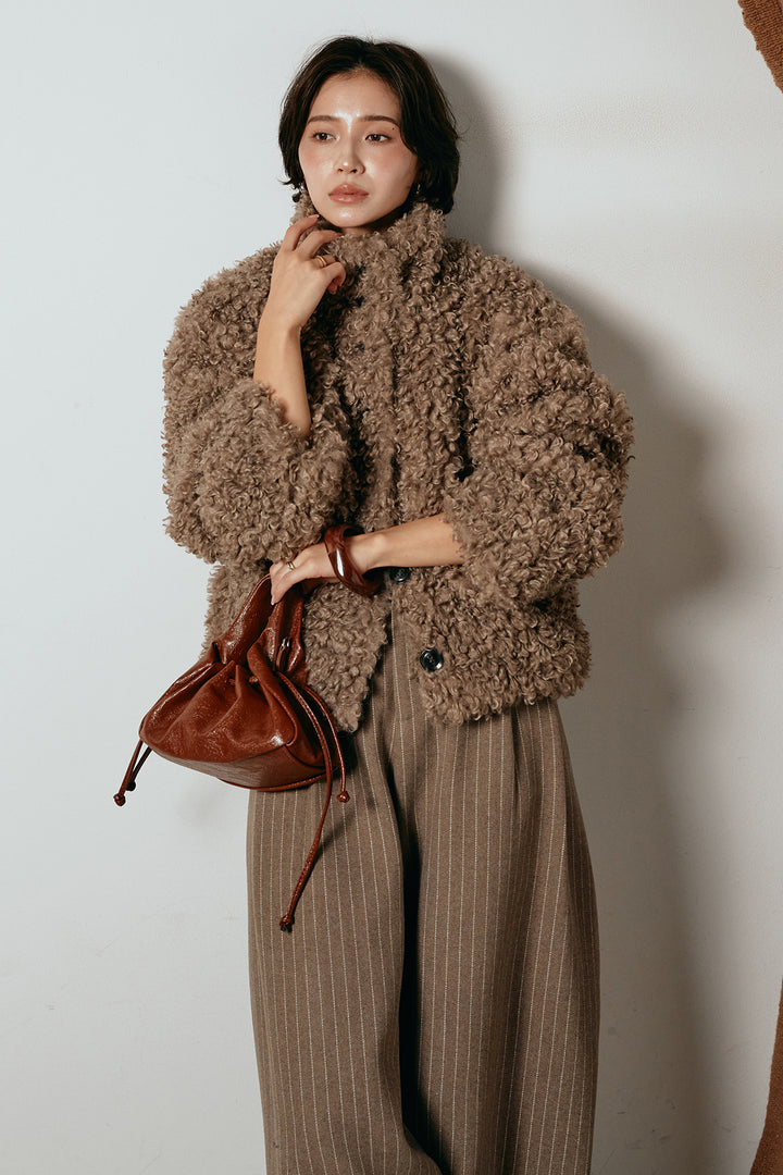 [SET]プードルファーミドルジャケット+ウールライクストライプパンツ(2set)