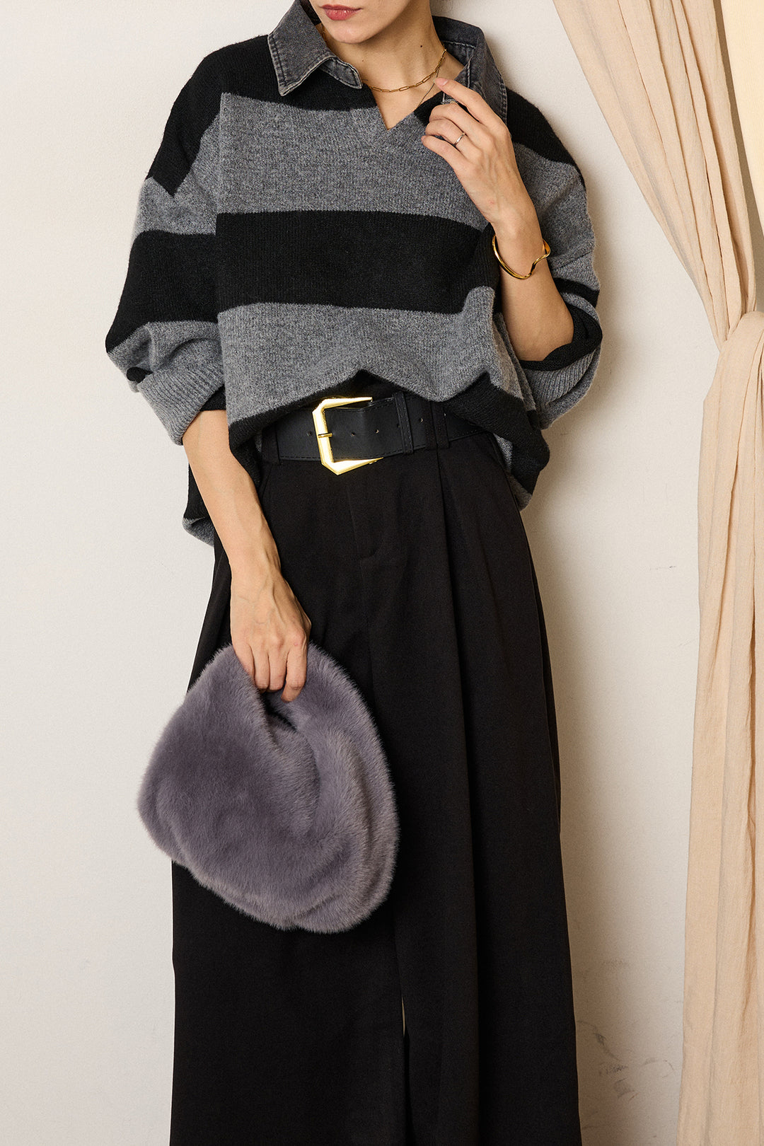 [SET]デニムカラーボーダールーズニット+ゴールドバックル太ベルト付きワイドパンツ(2set)