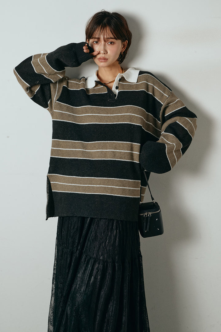 [SET]ラガーニットボーダーポロプルオーバー+ひげレース切替ロング丈スカート(2set)