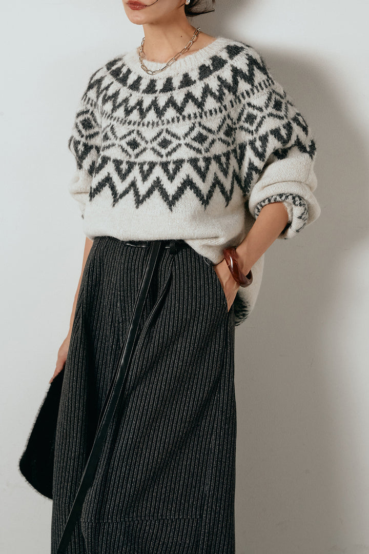[SET]ノルディック柄Uネックプルオーバー+レザーライク配色ストライプパンツ(2set)