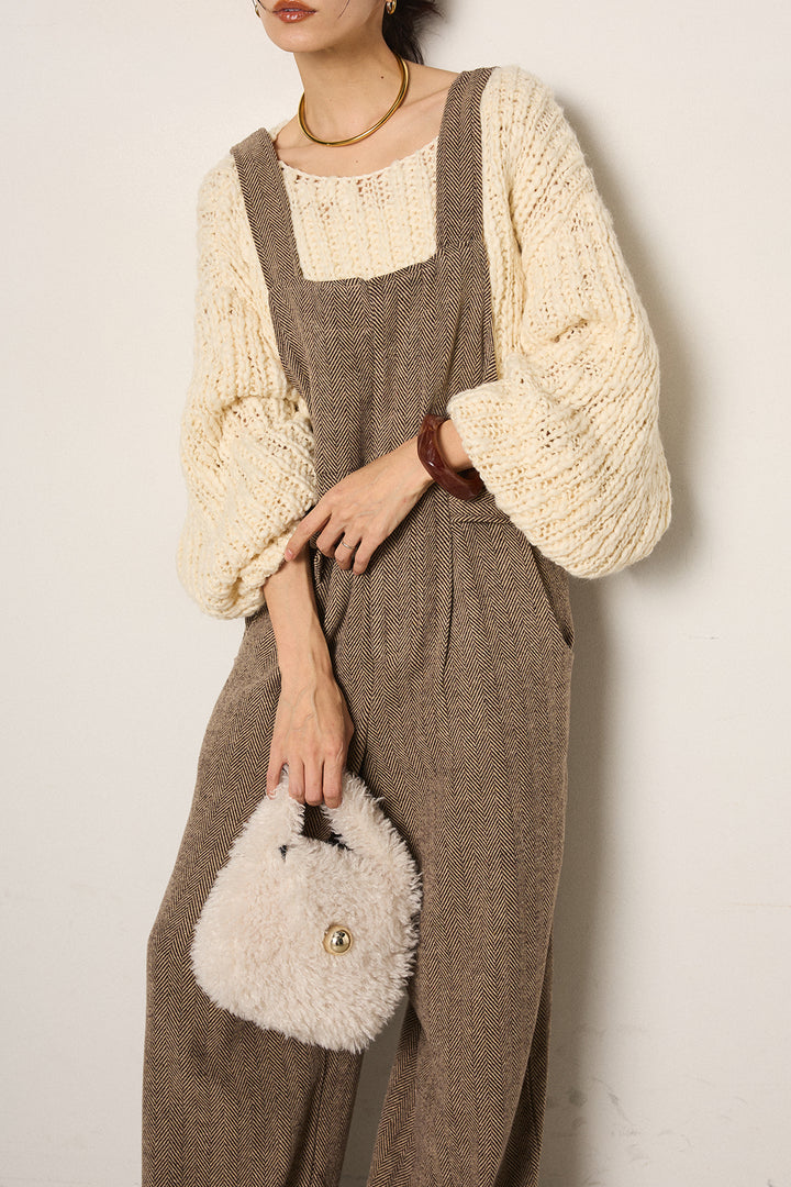 [SET]チャンキースラブニットクロップドプルオーバー+クラシックヘリンボーンサロペット(2set)