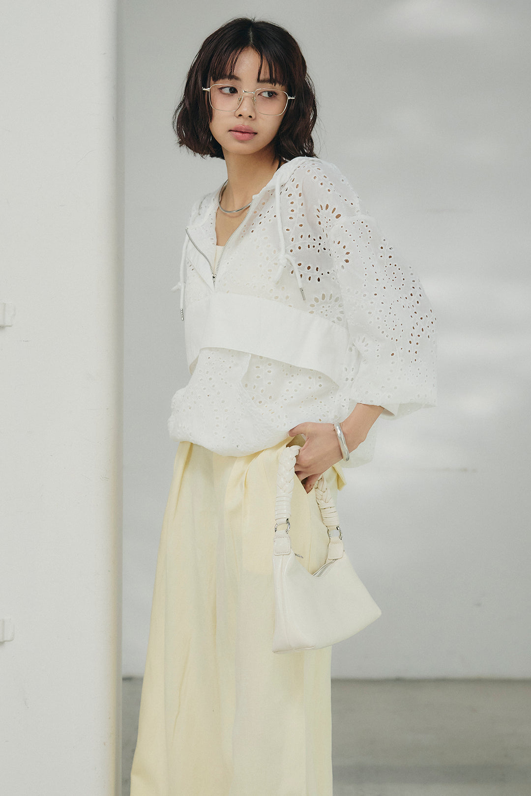 [SET]レースハーフジップアップフーディー+リネン混タックストレートワイドパンツ(2set)