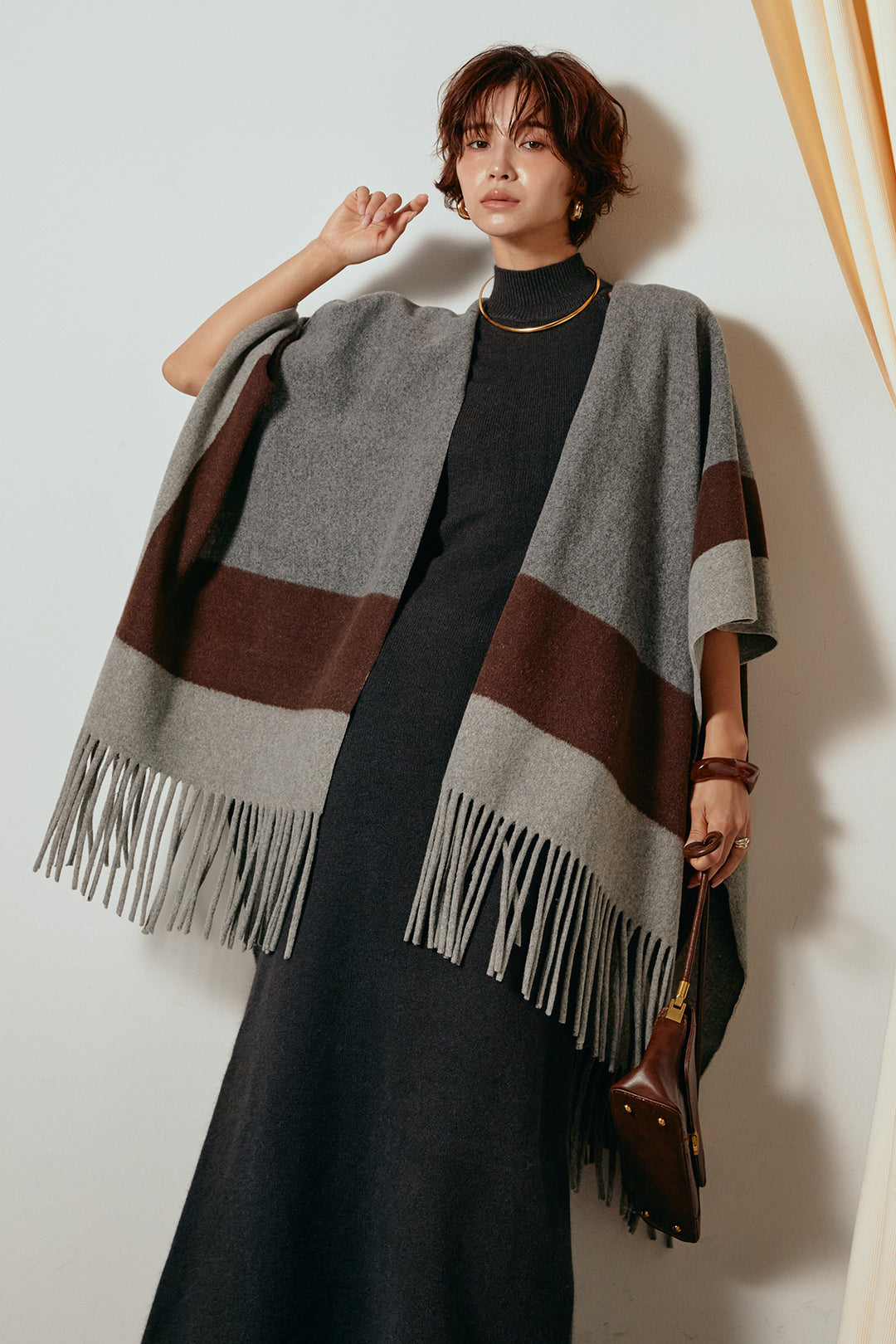 [SET]裾フリンジ柄ポンチョアウター+ノースリーブニットロングワンピース(2set)