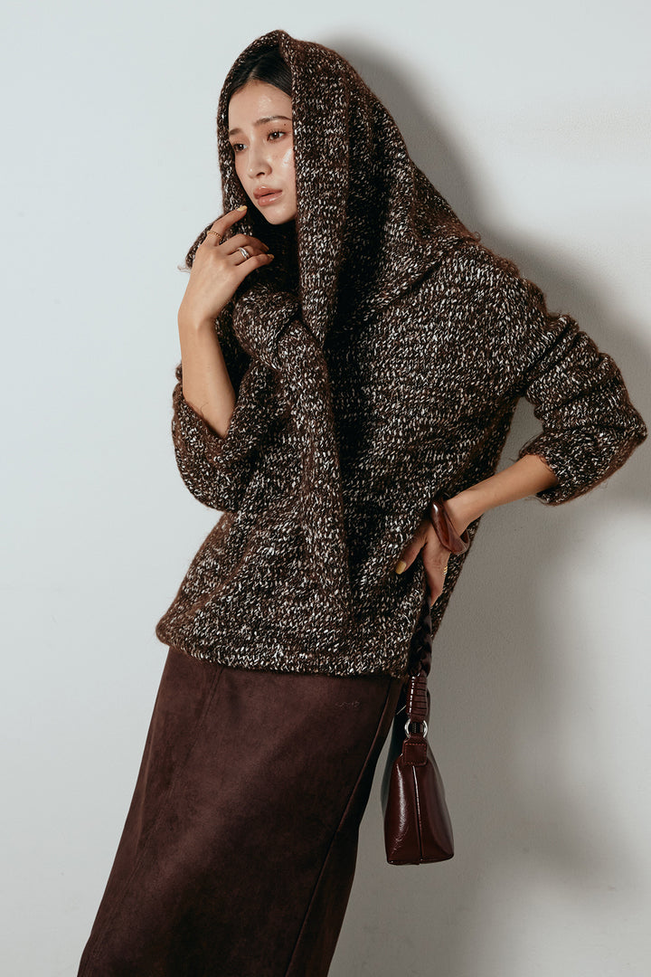 [SET]スカーフ付きミックスニットトップス+スウェードライク裾フリンジスカート(2set)