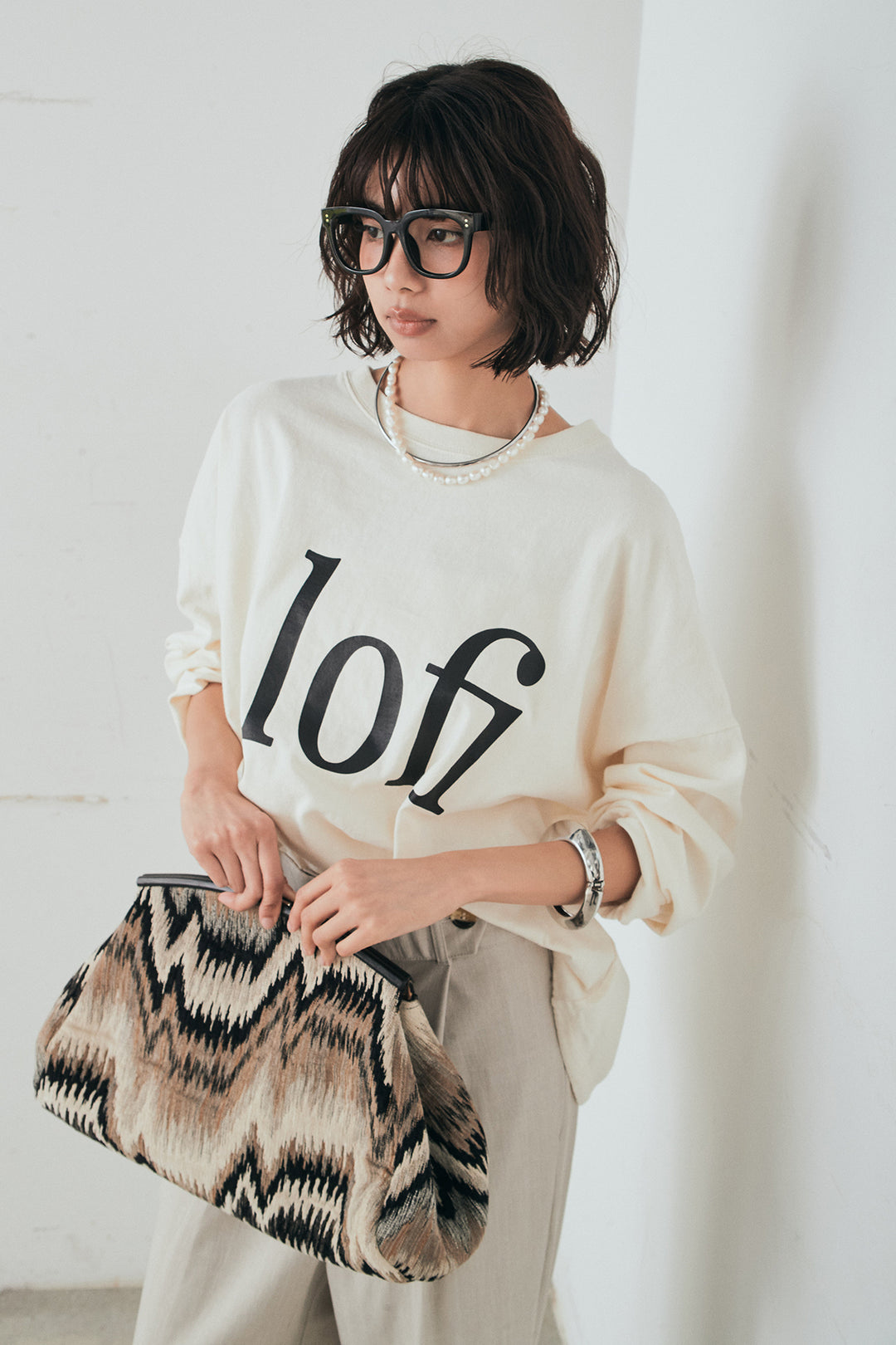 [SET]裾センタードロストロゴプリントワイドTシャツ+センタープレスセミワイドパンツ(2set)