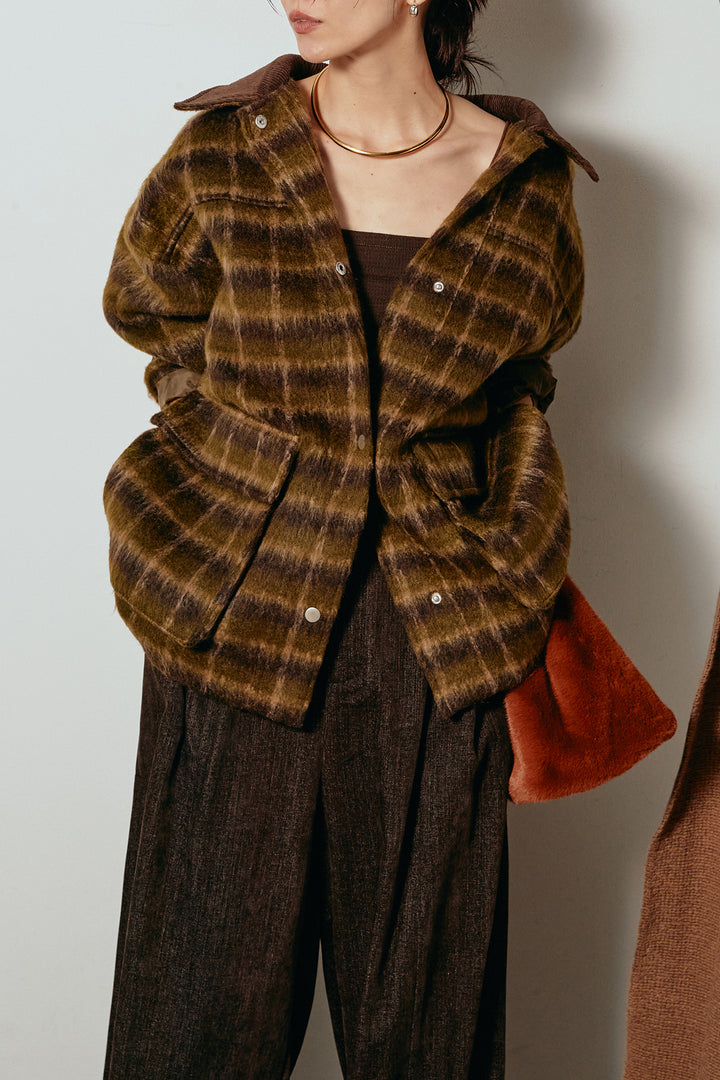 [SET]チェックシャギーミドルカバーオール+フェイクレザーベルト付きスウェードライクワイドパンツ(2set)