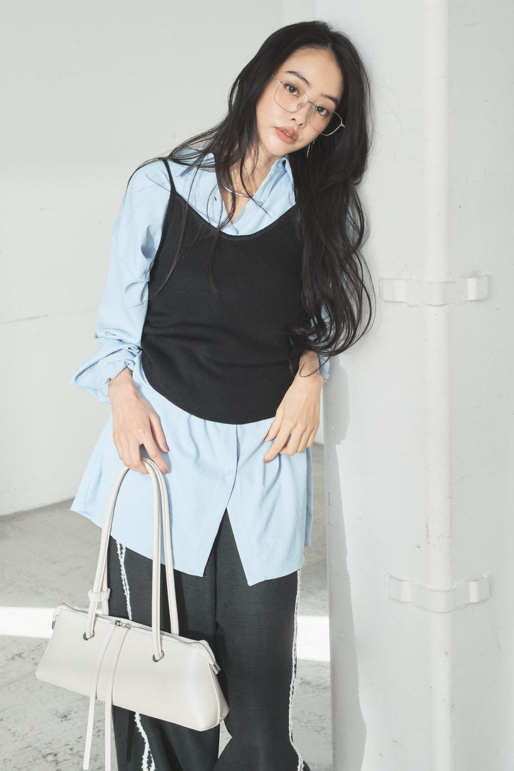 [SET]ニットキャミ付きシャツ+刺繡テープラインパンツ(2set)