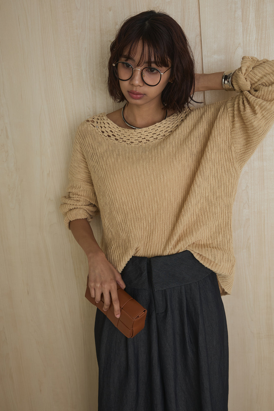 [SET]ネック編みデザインニットトップス+ウエスト折り返しワイドパンツ(2set)